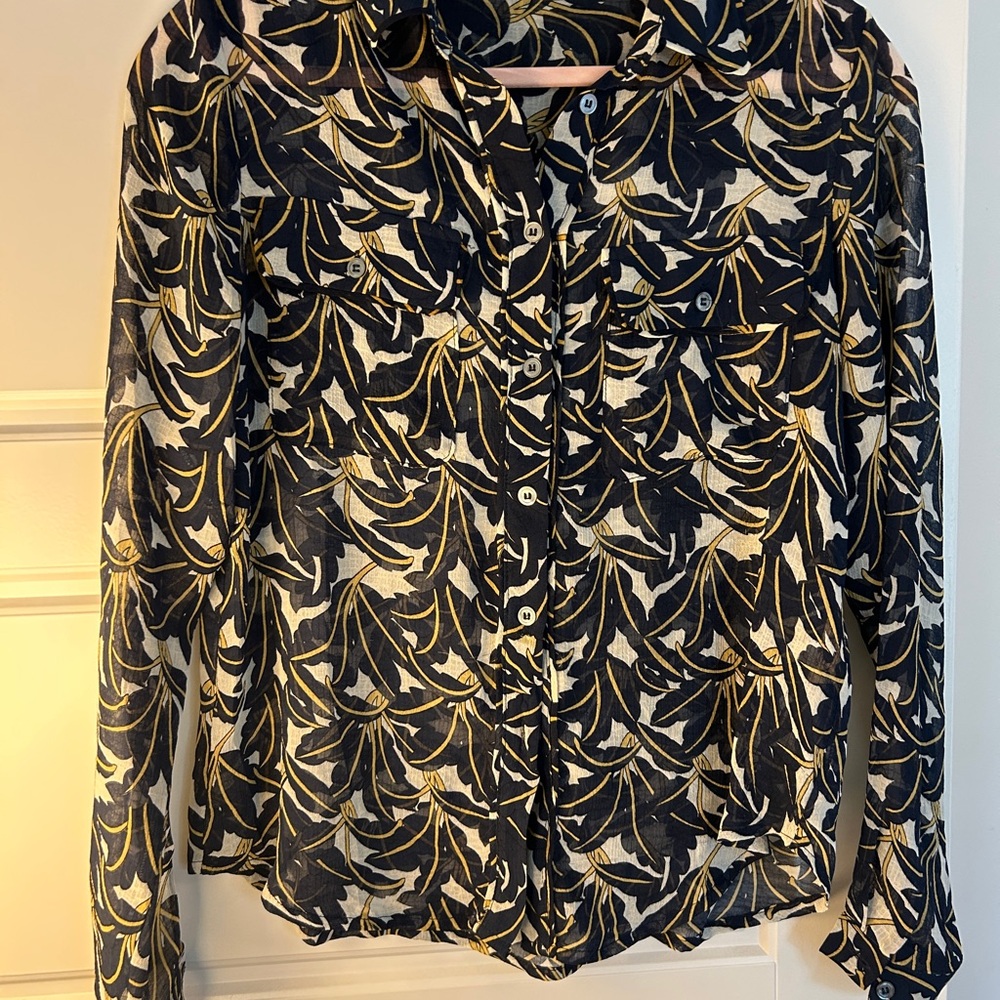 Stylish Black Navy Creamand Gold Patterned Sheer Blouse- Frnch Paris- XS
